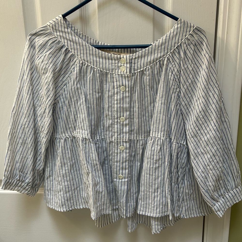 We The Free White Blouse with Navy Stripes